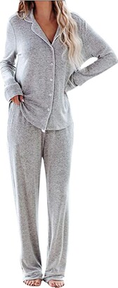 IQYU Women's Pyjamas - Pyjamas and Pyjamas Long - Cotton Sports Suit Set with Buttons Viscose Leisure Suit Two Piece Women's Jogging Suit Pyjamas Autumn and Winter Leisure Suit