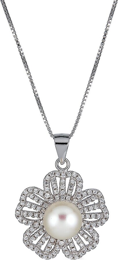 BELPEARL Silver 8-9mm Pearl CZ Pendant Necklace