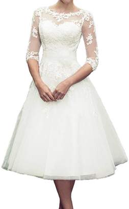 Fannybrides 3/4 Long Sleeves Lace Short Tea Length Wedding Dress Gown