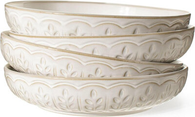 Bungalow Rose Pasta Bowls 50Oz Salad Serving Bowls 9.75'' Plates Bowls Set Of 4 Big Ceramic Soup Bowls For Kitchen Embossment Shallow Dinner Bowl Microwave D