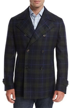 Isaia Plaid Wool-Cashmere Pea Coat, Navy/Green