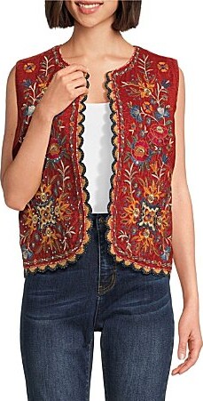 John Mark Embroidered Velvet Beaded Floral And Patchwork Plaid Open Front Vest