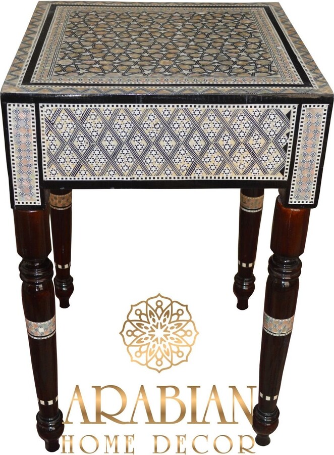 Egyptian Moroccan 24" Height Mother of Pearl Inlay Wood Coffee Side End Table 