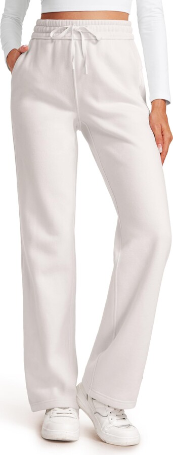 CRZ YOGA Women's Cotton Fleece Lined Sweatpants Straight Leg Casual Lounge  Trousers Elastic Waist Comfort Pants with Pockets Milky White 12 