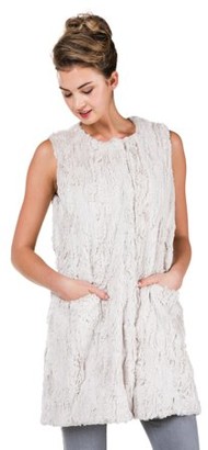 MELODY Women's Round Neck Faux Fur Long Open Vest with Pocket on the Front (IVORY, MEDIUM/LARGE)