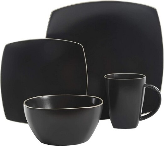 Gibson GibsonElite102261.16RMSohoLounge16PieceDinnerwareSetfor4IncludingDinnerPlatesDessertPlatesandMugsMatteBlackwithWhiteRims