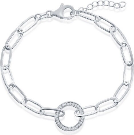 Bella Silver BellaSilverSterlingSilverCZCirclePaperclipBracelet-Silver-7+1Inch