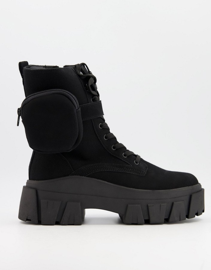 ASOS DESIGN lace up calf boots in black faux suede with chunky sole and