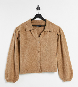 ASOS Curve ASOS DESIGN Curve fluffy collared jumper with placket detail in camel