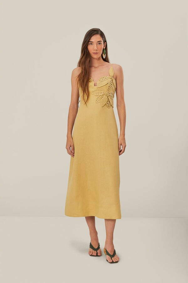 FARM RIO ACTIVE Sand 3D Flower Bodice Midi Dress