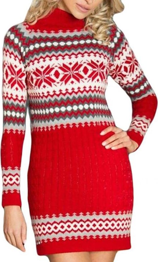 XIAOCILAO Women Knitting Christmas Sweater Dress Snowflake Knitting  Turtleneck Long Sleeve Knitted Sweater Dress Slim Fit Knitted Skirt Red -  ShopStyle