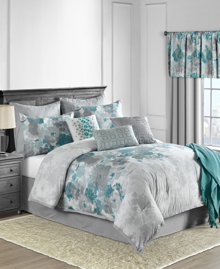 Mainstays 7-Piece Teal Roses Comforter Set, Full/Queen, With ...