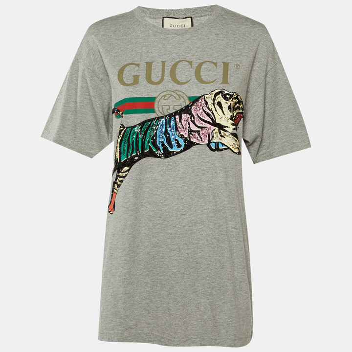 Gucci Grey Logo Print Cotton Tiger Embellished T-Shirt S
