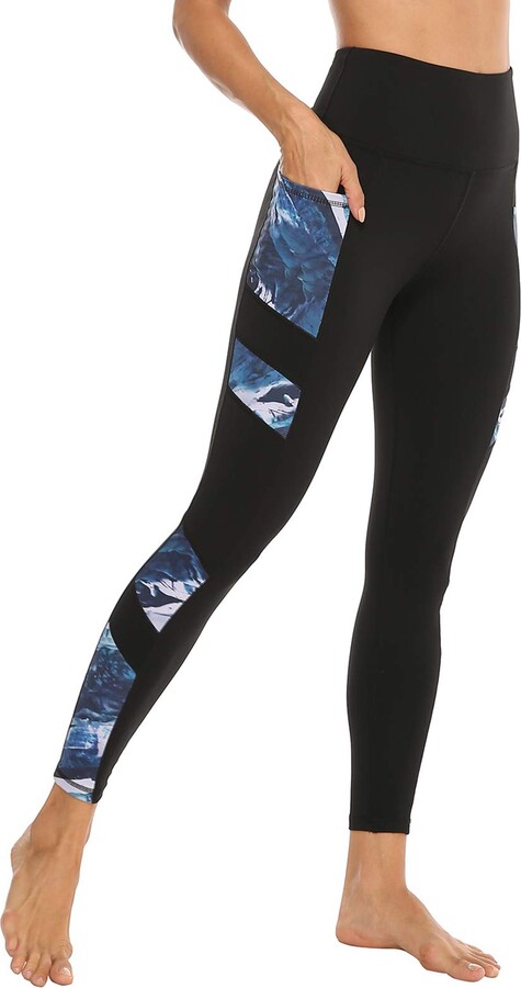 JOYSPELS Women's High Waisted Gym Leggings - Workout Running Sports Printed  Leggings Yoga Pants Womens with Pockets - BlackBlue - S