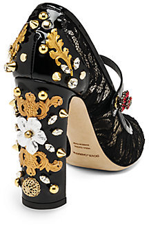 Dolce & Gabbana Studded & Bejeweled Leather & Lace Mary Jane Pumps