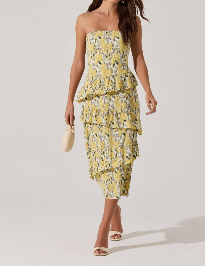 Astr Asymmetrical Tiered Ruffle Midi Dress In Lemon Floral