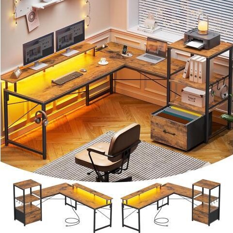 RUOCLRIS SEDETA Home Office Desk with Fabric File Drawer & Power Outlets, 51' Reversible Computer Desk with Storage Shelves, L Shaped Gaming Desk with LED...