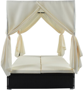 Latitude Run Patio Wicker Sunbed Daybed With Curtains & Orange Cushions Outdoor Furniture With Adjustable Seats