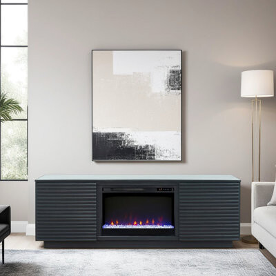Black Fireplace Tv Cabinet With Remote And Adjustable Flame Brightness, Up To 85 Inches Holder For Inch Tvs, Storage Doors