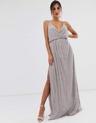 ASOS Design DESIGN wrap bodice maxi dress in linear and floral embellishment