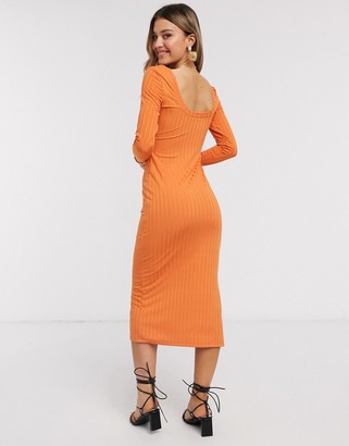 ASOS DESIGN long sleeved square neck midi dress in rib in orange