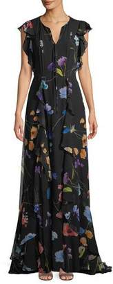 Escada Floral-Print Ruffle A-Line Silk Evening Gown