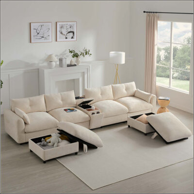 Orren Ellis Modular Sectional Sofa With Console, Cup Holder, USB Charger, Movable Storage Ottoman, Pull-Line&Tufted Design, U-Shaped Oversized Chenille Sofa For L