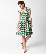 Thumbnail for your product : Emily And Fin 1940s Style Green & Square Garden Annie Cotton Swing Dress
