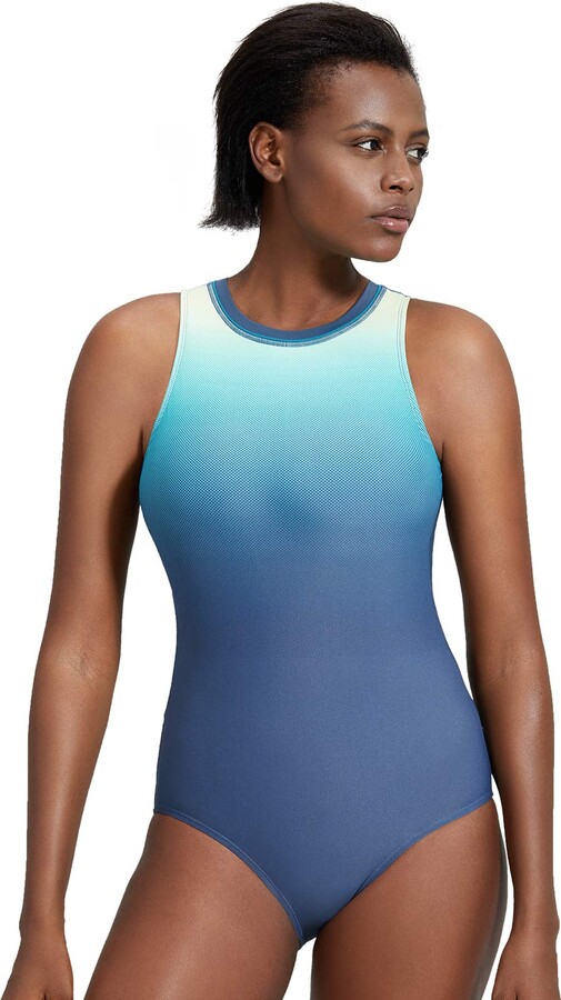 SYROKAN Women's Sleek High Neck Zipper Maillot Training Athletic One Piece  Swimsuit Forest Mist 32 - ShopStyle