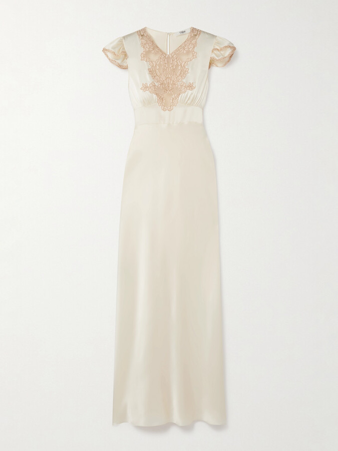 Chloé Corded Lace-trimmed Silk-satin Midi Dress - Cream