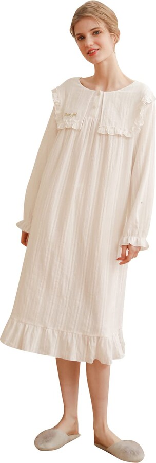 Cotton Long Sleeve Babydoll Victorian Nightgown Dress Qemsele