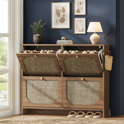 Freestanding Ultra-Thin Arched Rattan Shoe Cabinet With 4 Flip-Top Drawers And 3 Adjustable Shelves. It Features A Modern Country Style And Is Suitabl