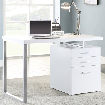 Ivy Bronx 3 White Writing Desk For Workspace - Contemporary Office Piece With Metal 3 Convenient Drawer Options Modern Essential
