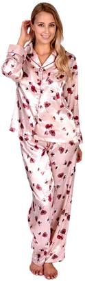 Patricia from Paris Women's Satin Floral Print Long Sleeve Button Top and Pant 2 Piece Pajama Set (Lavender, M)
