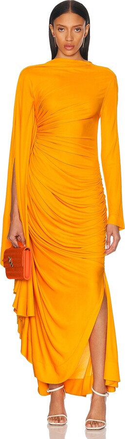 Bottega Veneta Ruched Long Dress in Orange