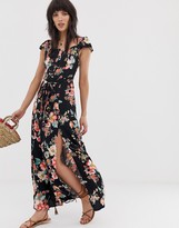 Thumbnail for your product : Band of Gypsies button front off shoulder maxi dress in black floral print