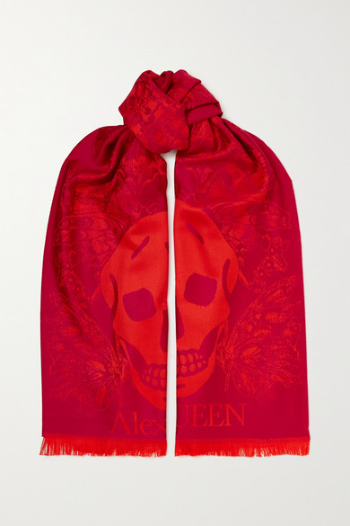 Alexander McQueen - Fringed Wool-jacquard Scarf - Burgundy