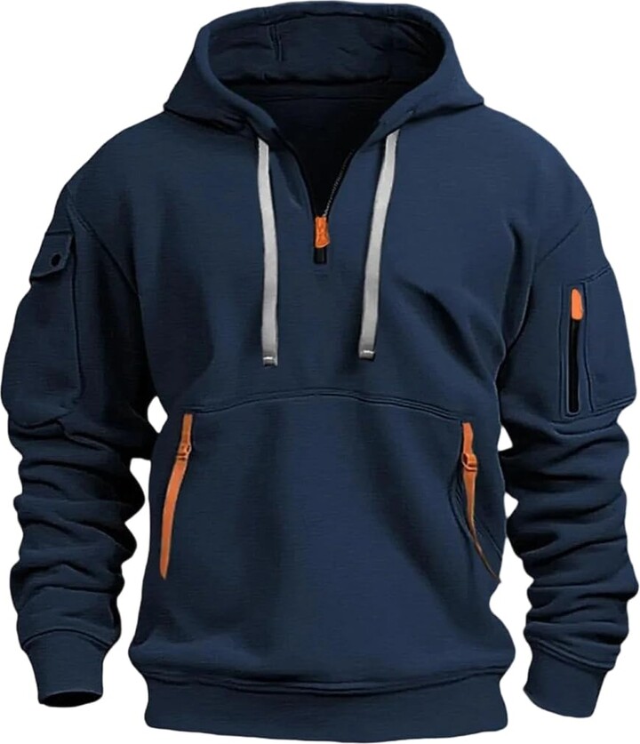 Generic New Multi Pocket Zipper Fleece Hooded Casual Shirt for Men and Women Plus Size Loose Pullover Fashion Sweatshirt top (Navy Blue