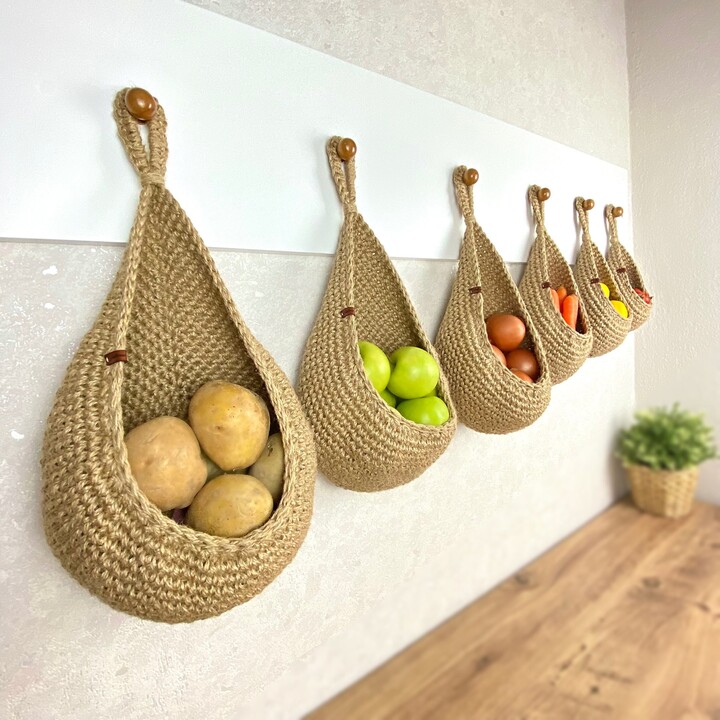 Jute Hanging Wall Basket Rustic Farmhouse Kitchen Storage