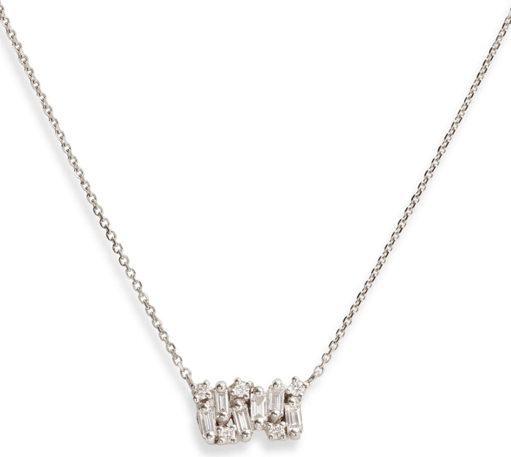 Baguette & Round Diamond Small Shimmer White Gold Necklace | Suzanne Kalan