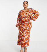 Thumbnail for your product : ASOS Curve ASOS DESIGN Curve satin wrap maxi dress in 70s floral print