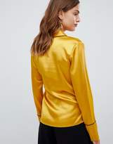 Thumbnail for your product : ASOS Design DESIGN satin wrap top with piping detail and long sleeves