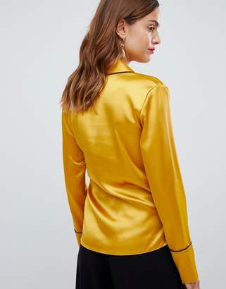 ASOS Design DESIGN satin wrap top with piping detail and long sleeves