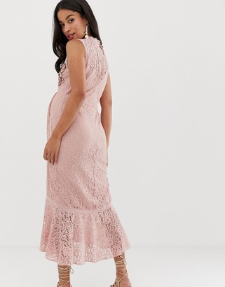 Hope & Ivy Maternity embroidered lace ruffle pencil dress with ruffle hem in pink