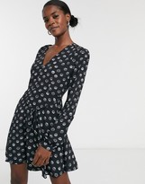 iLUGU Vintage Mini Dress for Women Long Sleeve V-Neck Bowknot Belt Leopard Print Irregular Hem Gown