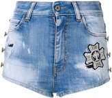 Just Cavalli embroidered patch distressed denim shorts