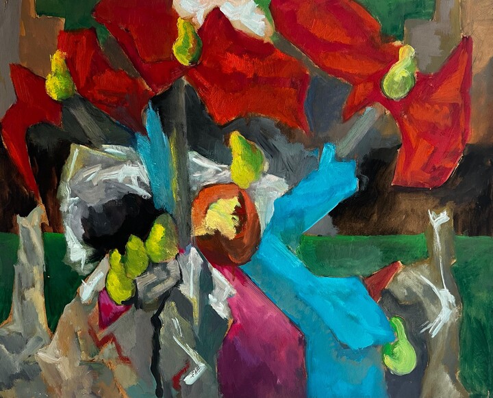 Guy Nicod, Abstract Red Flowers with Fruit and Draped Fabrics Modernist Gouache