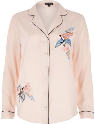 River Island Womens Pink embroidered bird pajama shirt
