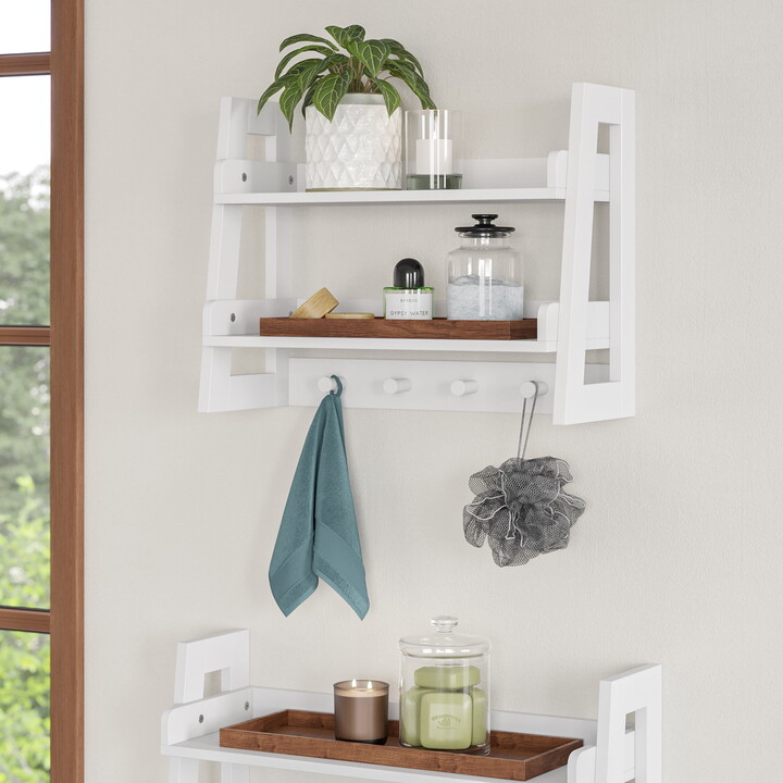 RiverRidge Amery 2-Tier Bathroom Ladder Shelf with Open Storage and Towel Hooks - White