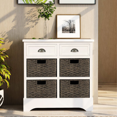 TREXM Rustic Storage Cabinet With Two Drawers And Four Classic Rattan Basket For Dining Room/Living Room (White Washed)